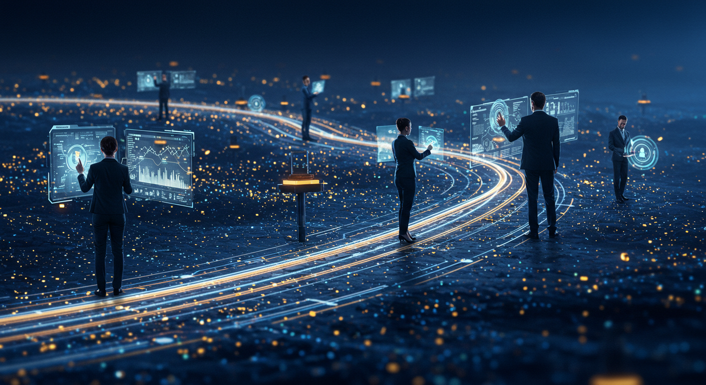 Lawyers interact with glowing digital screens on a futuristic data highway. The dark background is dotted with orange and blue lights, creating a high-tech mood.