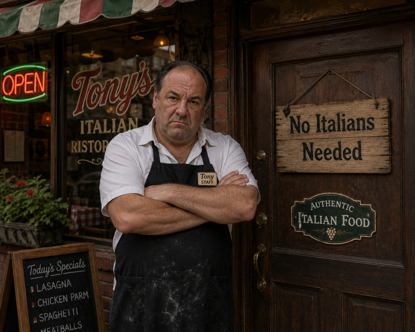 Angry man standing outside an Italian Restaurant.