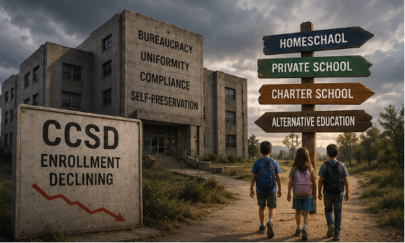 Three children with backpacks walk on a path toward a large building. Signs point to various schools. A sign reads CCSD Enrollment Declining.