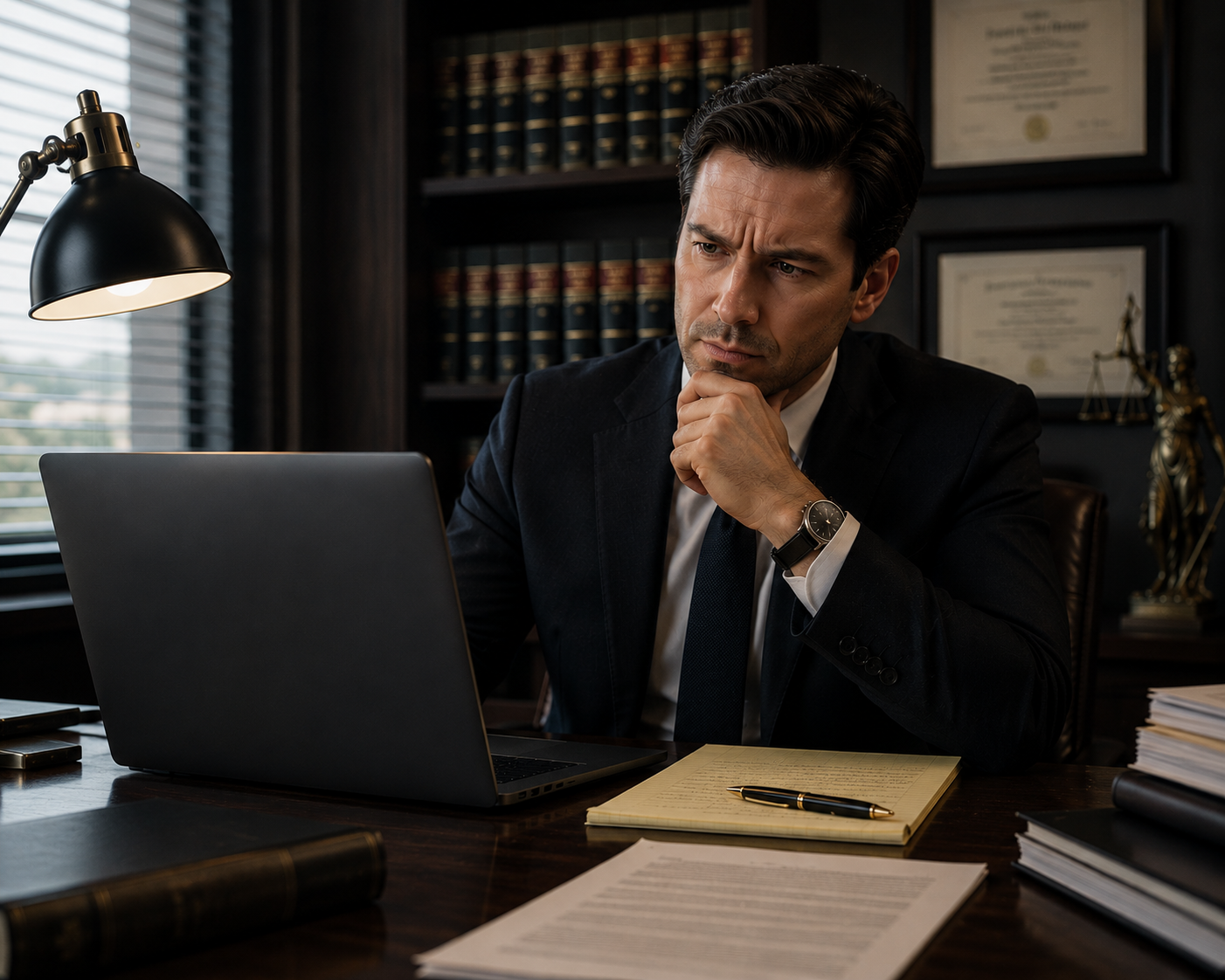 Lawyer looking at a laptop looking confused. 